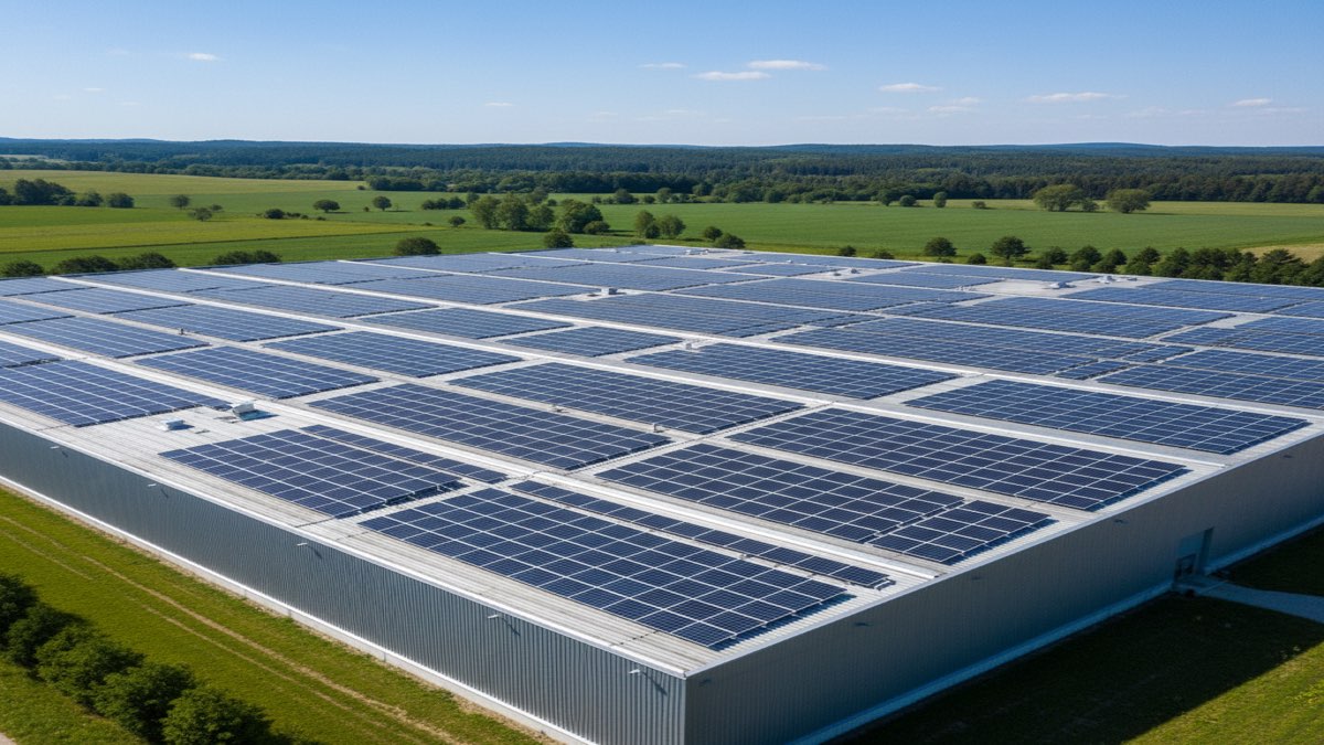 Leasing fotowoltaiki paneli słonecznych dla firm — instalacja PV na dachu magazynu