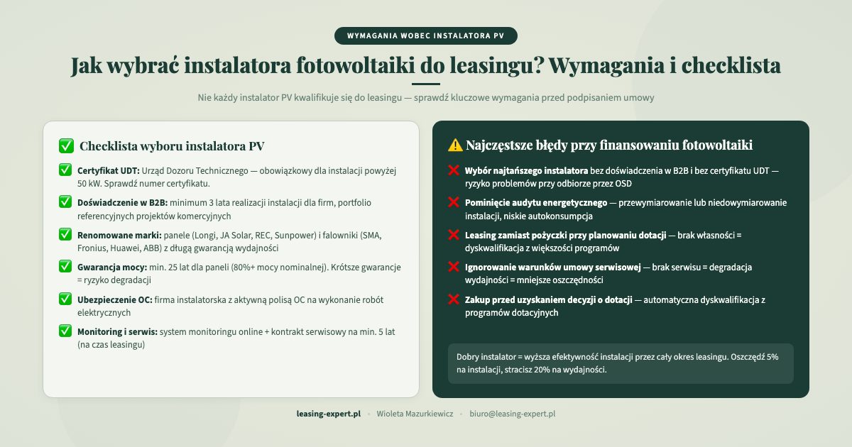 Jak wybrać instalatora fotowoltaiki do leasingu — checklista i błędy