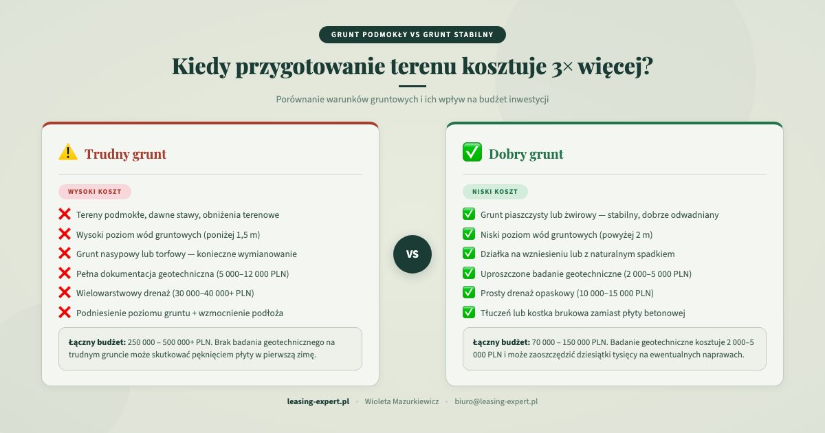Grunt podmokły vs grunt stabilny — wpływ na koszty przygotowania terenu pod halę