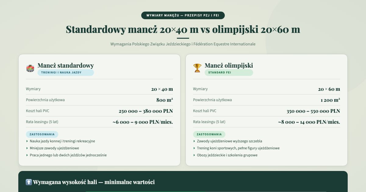 Wymiary manężu standardowy 20x40 m vs olimpijski 20x60 m — przepisy PZJ i FEI