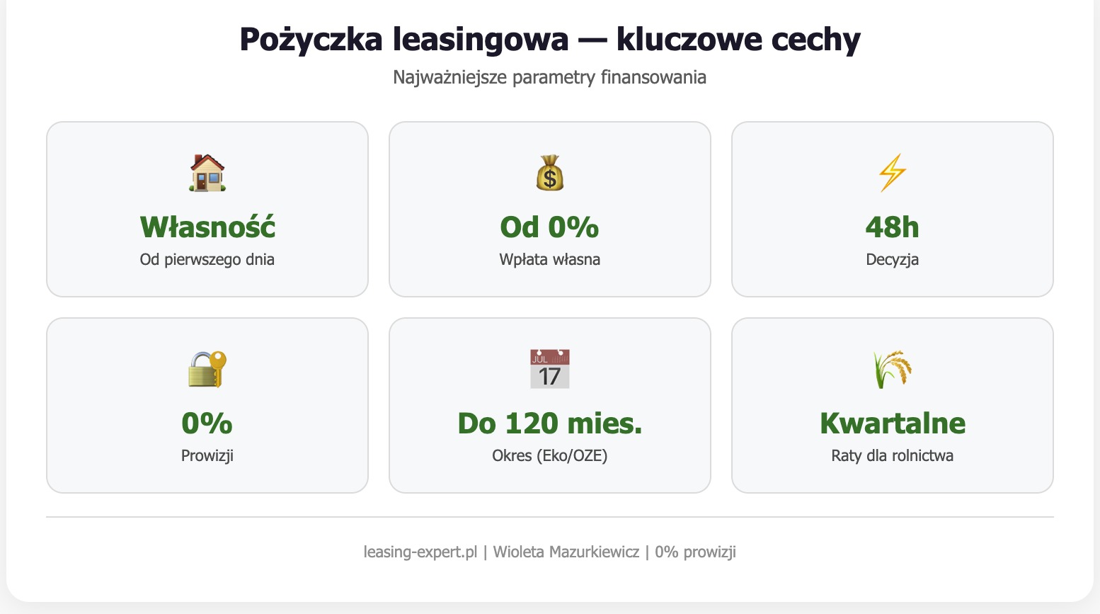 Infografika z kluczowymi cechami pożyczki leasingowej