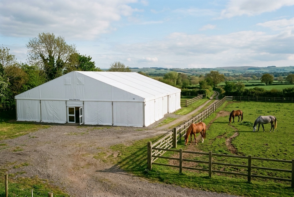 Hala namiotowa na ujeżdżalnię koni: widok z zewnątrz, padok z końmi obok hali