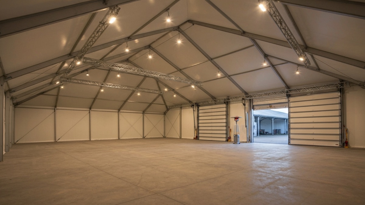 wyposazenie hali namiotowej w leasing - wnetrze z brama segmentowa i oswietleniem LED