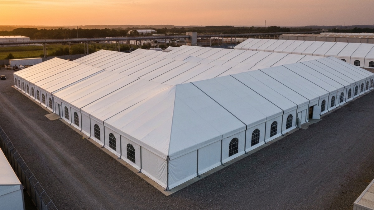 hala namiotowa na dzialce dzierzawionej - widok z drona o zmierzchu