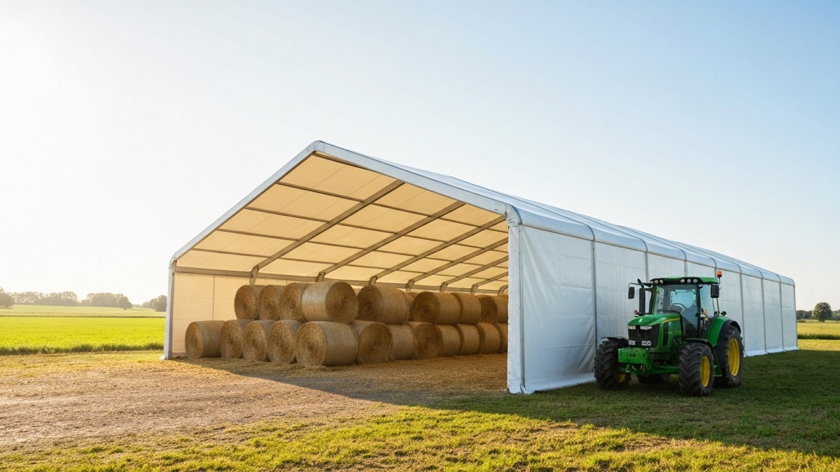 finansowanie hali rolniczej - hala z balotami siana i ciagnikiem