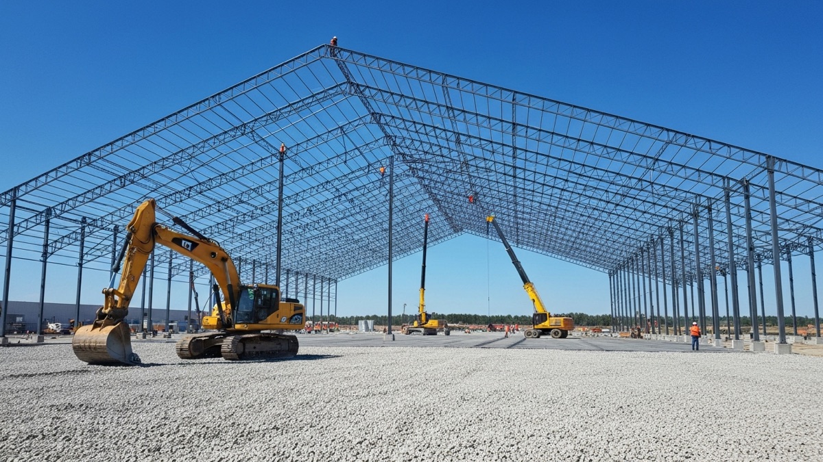 przygotowanie terenu pod hale namiotowa - koparka niwelujaca grunt