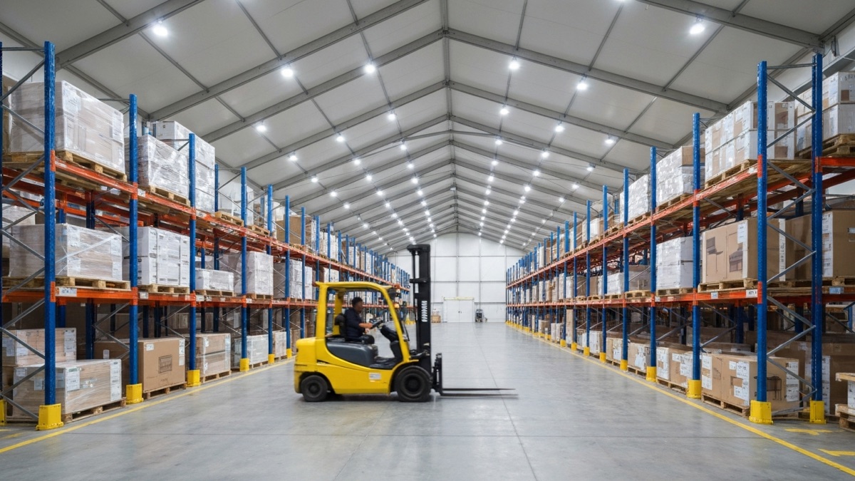 leasing hali namiotowej branza meblarska - magazyn z regałami i wozkiem widlowym