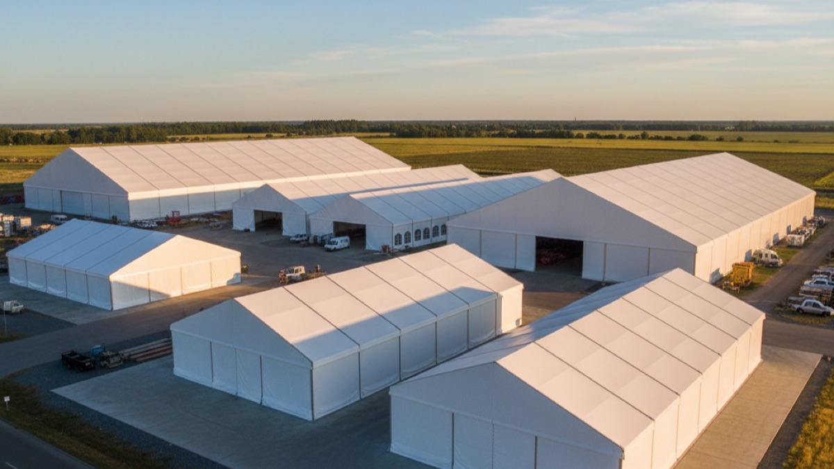 Różne typy białych hal namiotowych w strefie przemysłowej z lotu ptaka