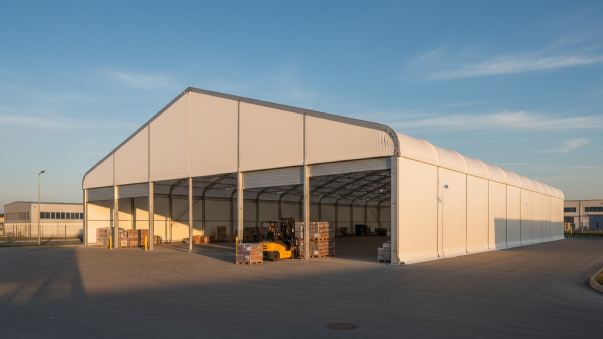 Duża biała hala namiotowa z PCV w parku przemysłowym, otwarte bramy