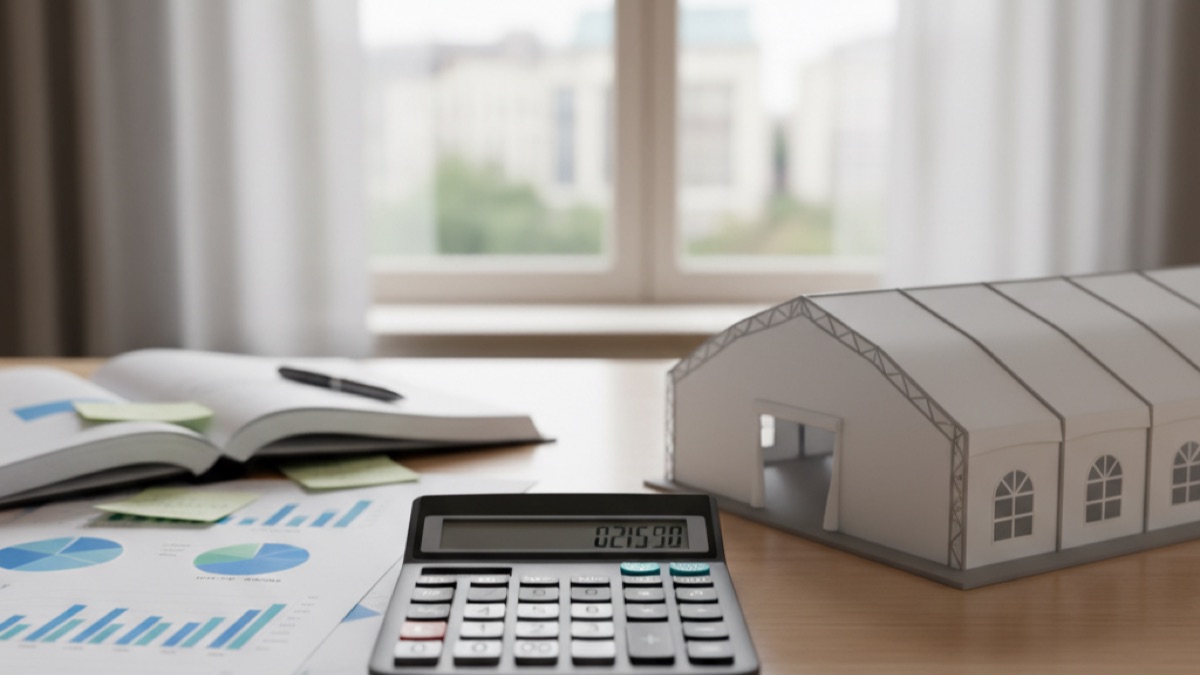 Kalkulator i dokumenty finansowe obok modelu hali namiotowej