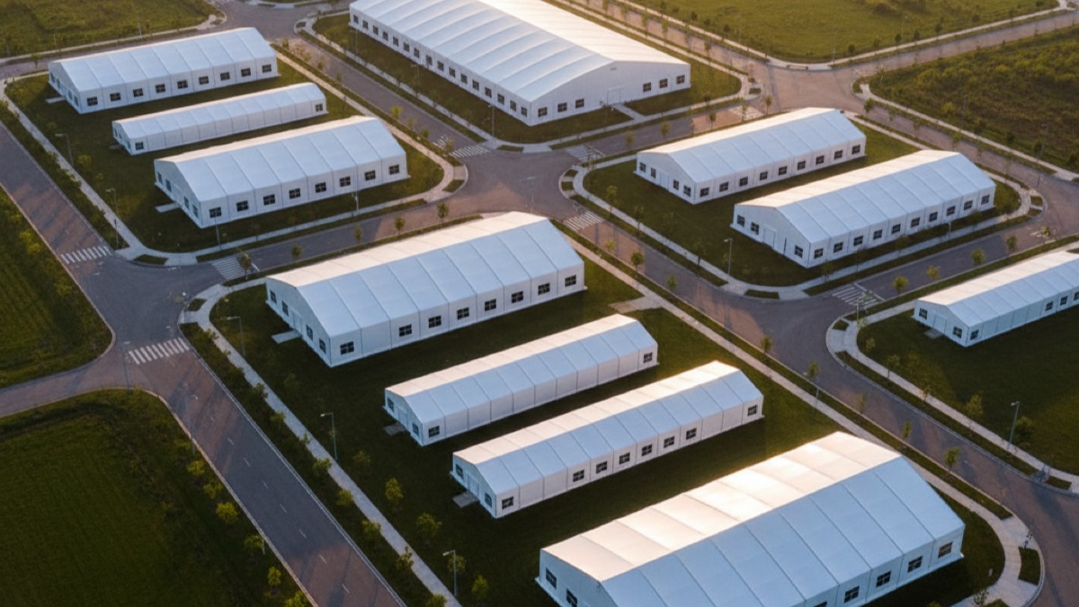 Widok z drona na rząd białych hal namiotowych w strefie przemysłowej