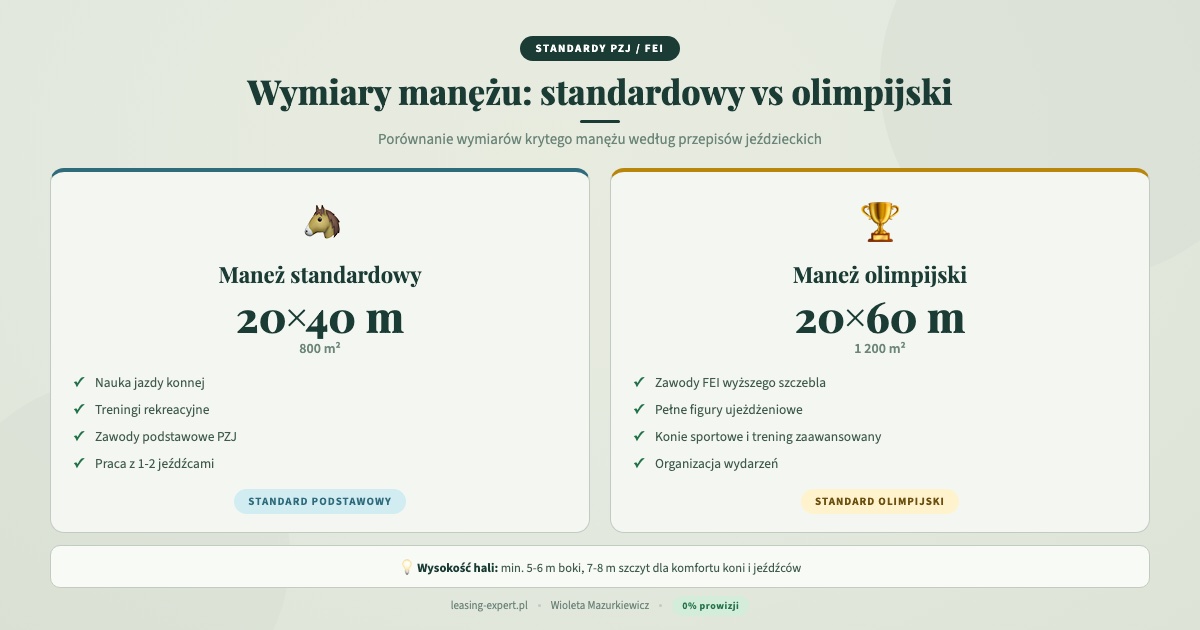 Leasing hali ujeżdżalnia koni: wymiary manężu standardowego 20x40 m vs olimpijskiego 20x60 m według PZJ i FEI
