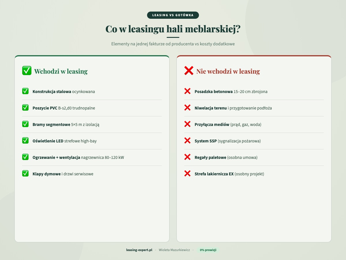 Co wchodzi w leasing hali namiotowej meblarskiej a co wymaga osobnego finansowania