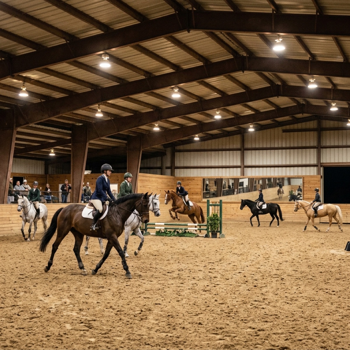 Leasing hali ujeżdżalnia koni: trening grupowy w krytym manężu, trener przy barierce