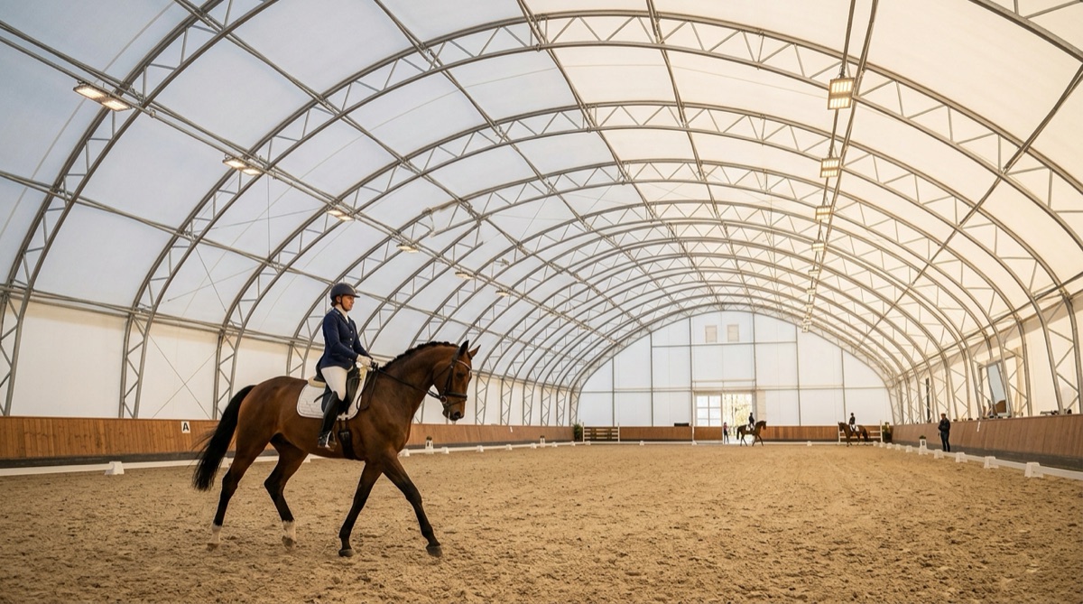 Leasing hali ujeżdżalnia koni: wnętrze krytego manężu z jeźdźcem na koniu, piaskowe podłoże, oświetlenie LED